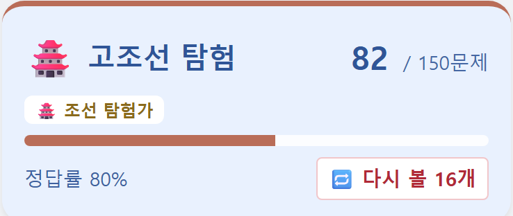 학생 화면 — 단원 진행(82/150문제), 정답률, 다시 볼 문제 16개, 받은 배지
